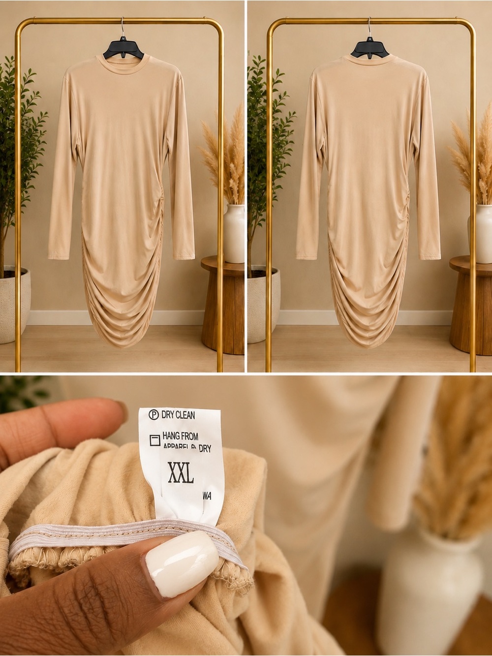 Beige Long-Sleeve Draped Ruched Dress - Neutral